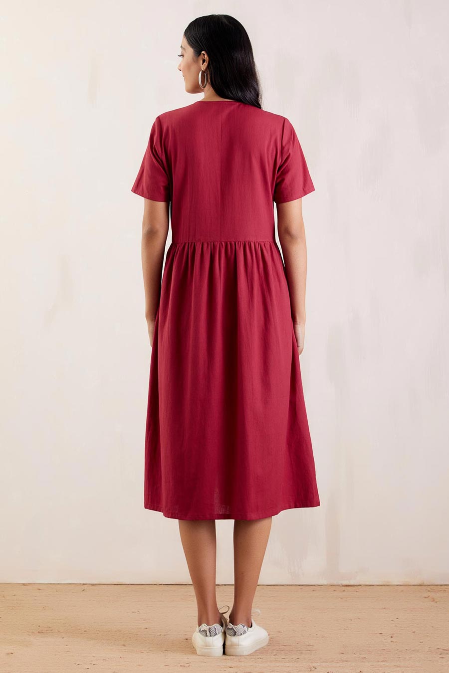 Red Cotton Long Shirt Dress