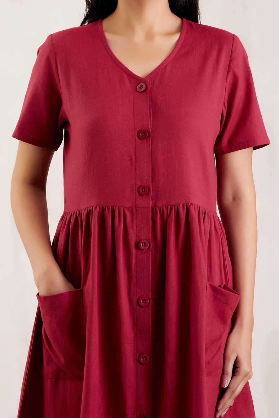 Red Cotton Long Shirt Dress
