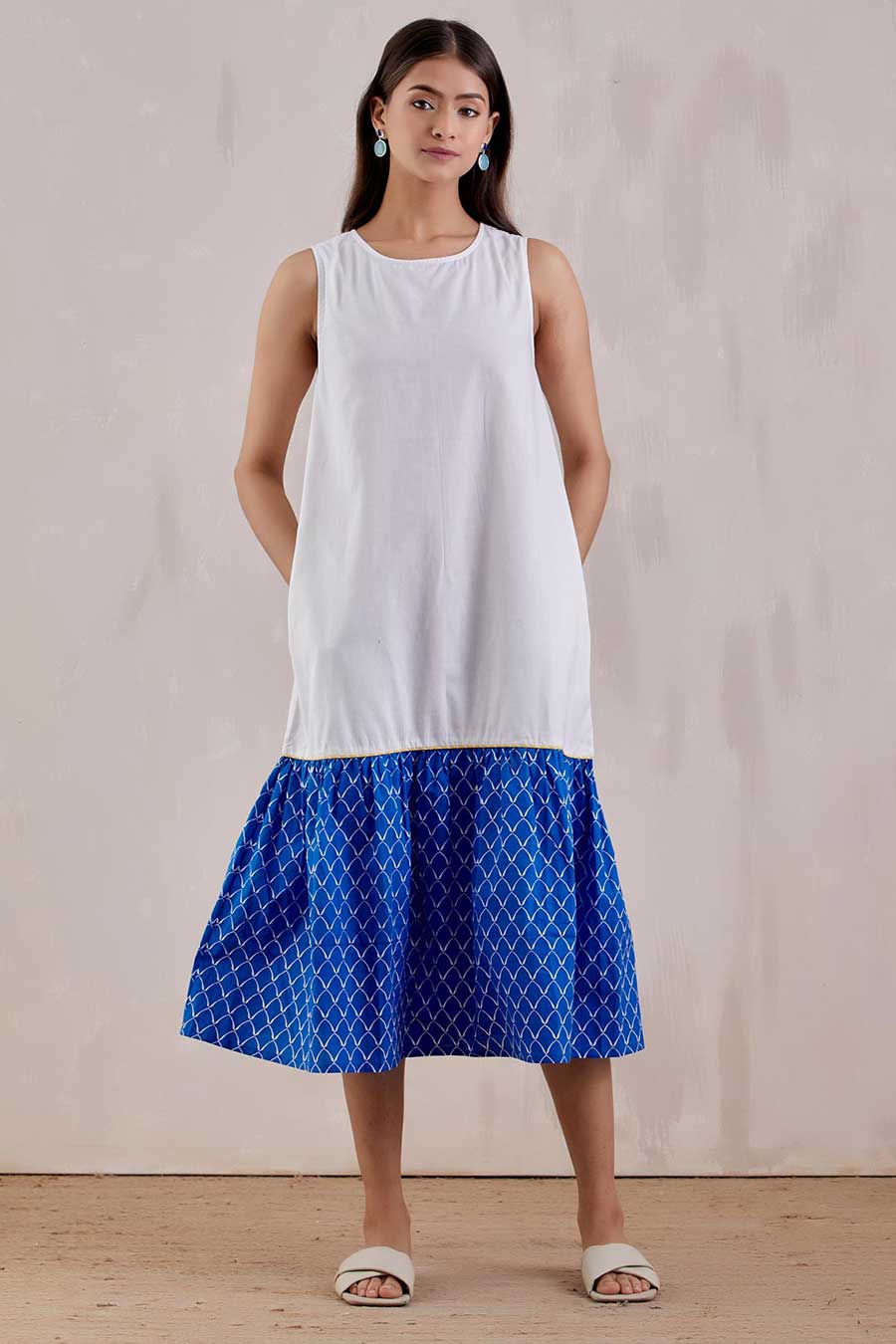 White & Blue Printed Midi Dress