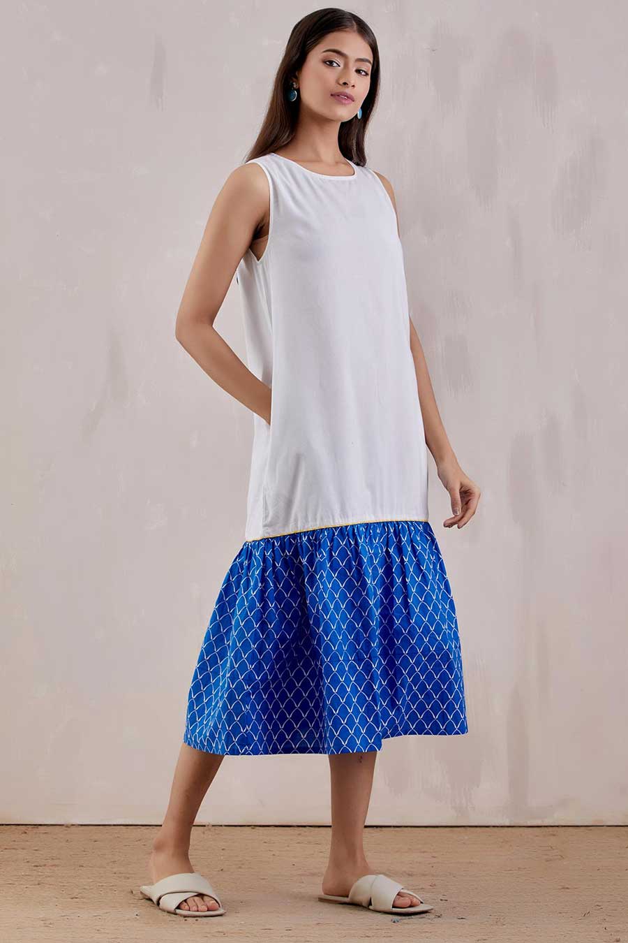 White & Blue Printed Midi Dress