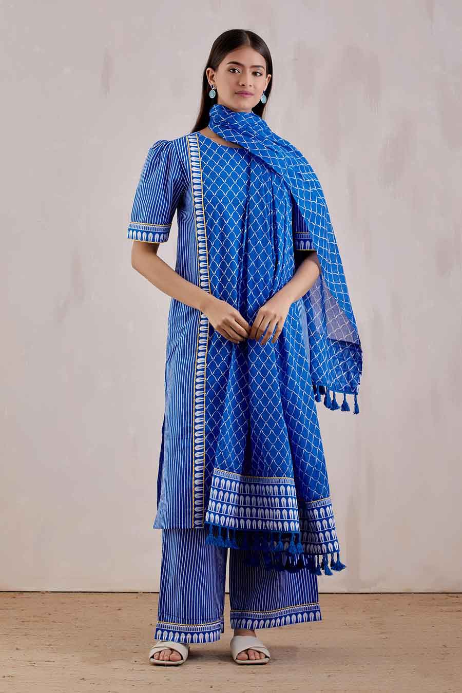 Blue Printed Rukbat Kurta Set With Dupatta