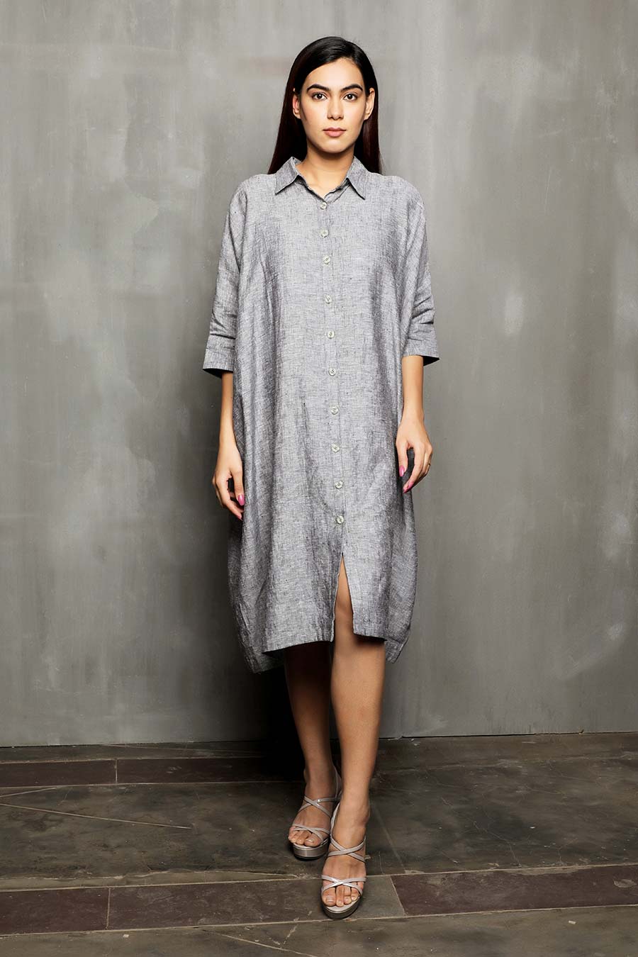 VRISHANK - Grey Linen Shirt Dress