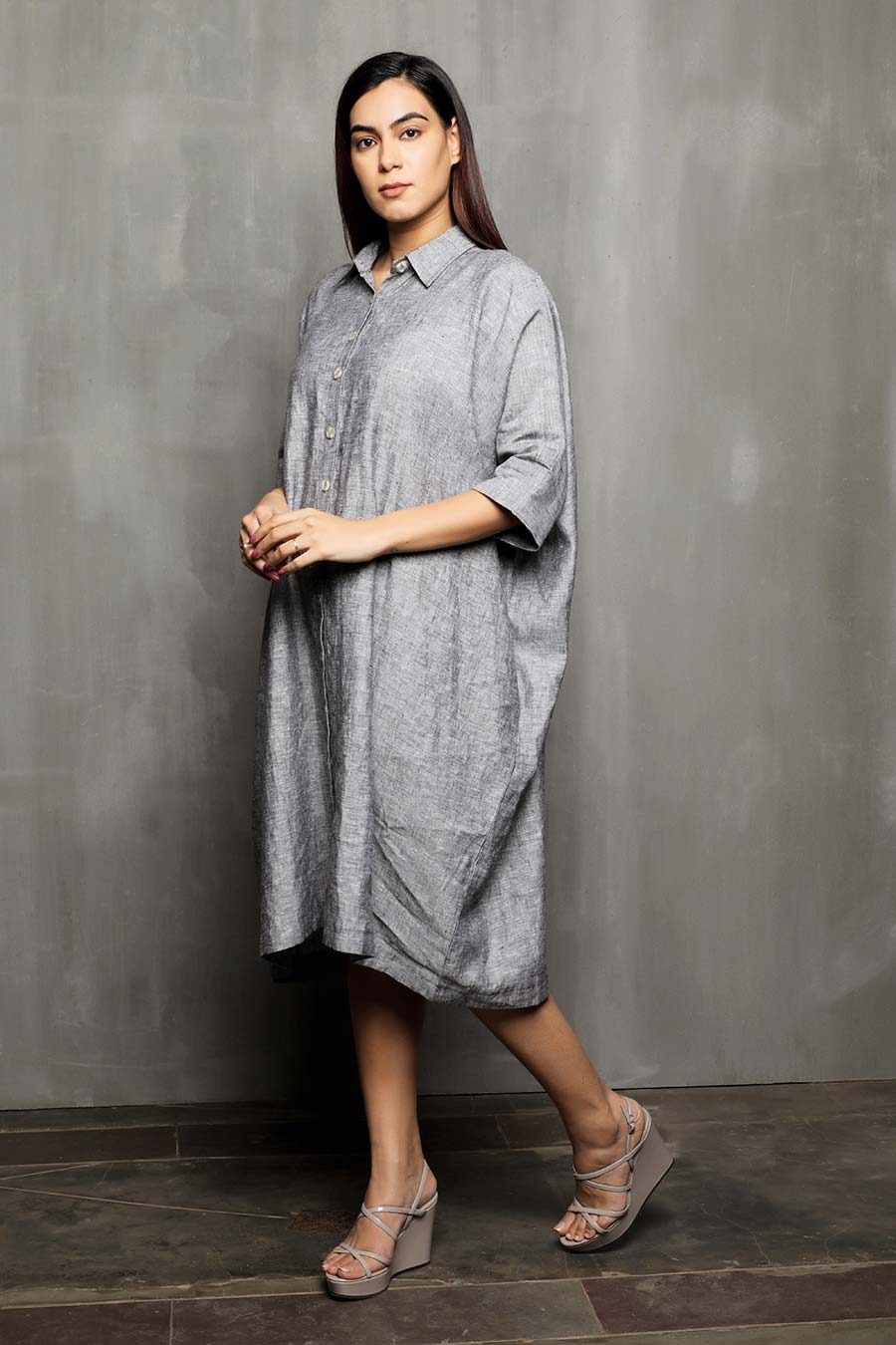 VRISHANK - Grey Linen Shirt Dress