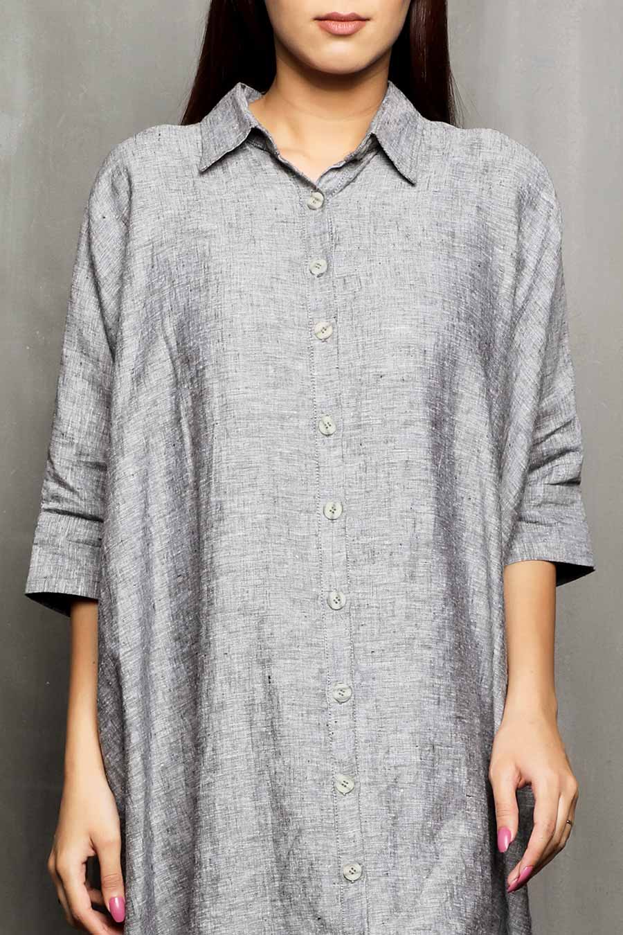 VRISHANK - Grey Linen Shirt Dress