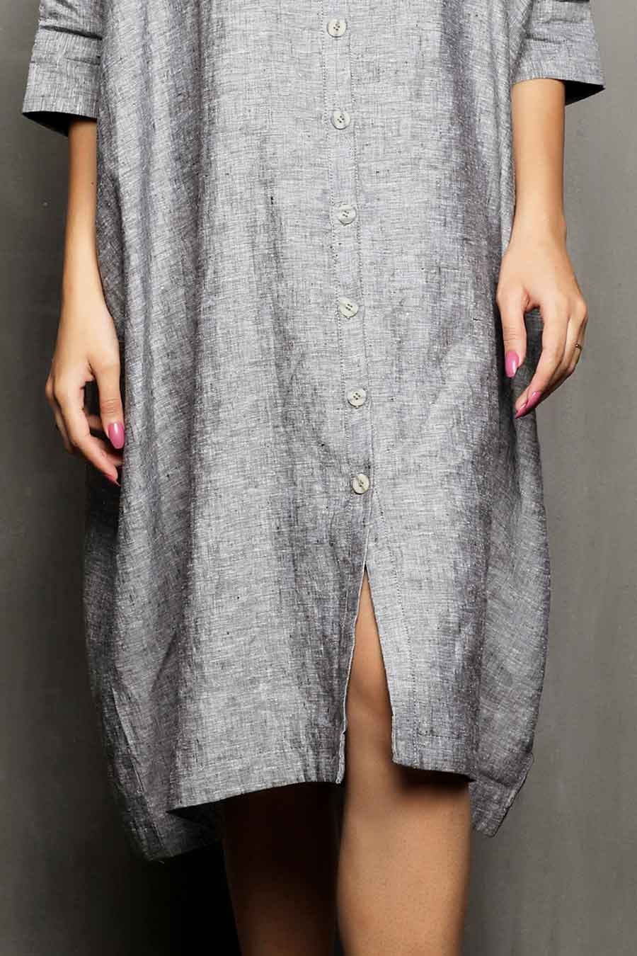 VRISHANK - Grey Linen Shirt Dress