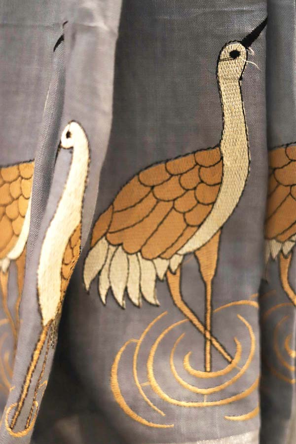 Grey Linen Swan Embroidery Saree