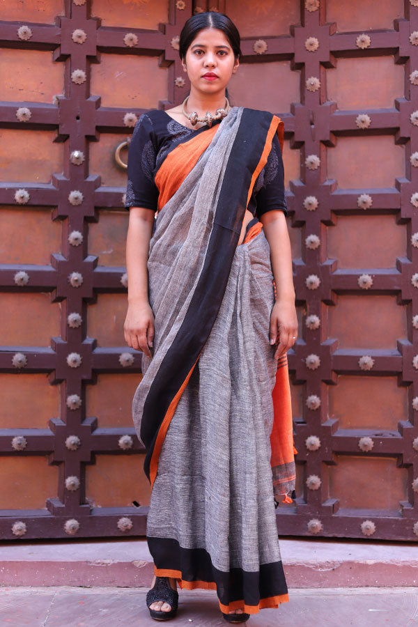 Black & Orange Linen Zari Saree
