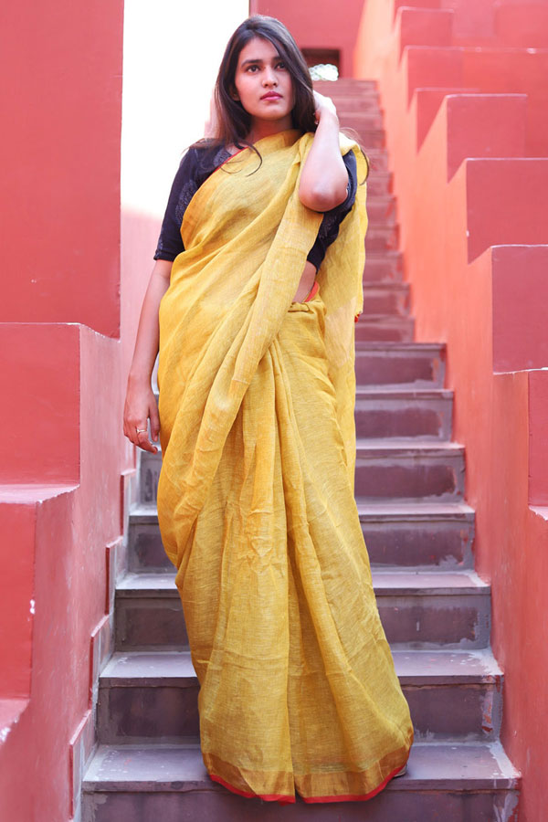 Yellow Linen Zari Saree
