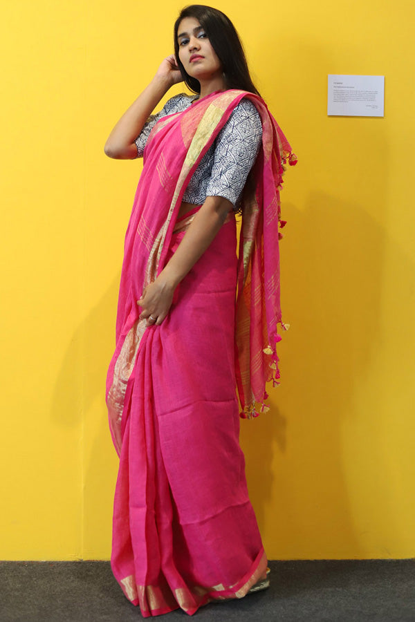 Pink Linen Zari Saree