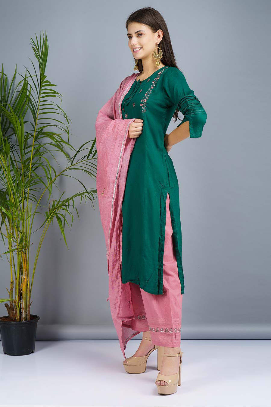 Green & Mauve Embroidered Kurta Set