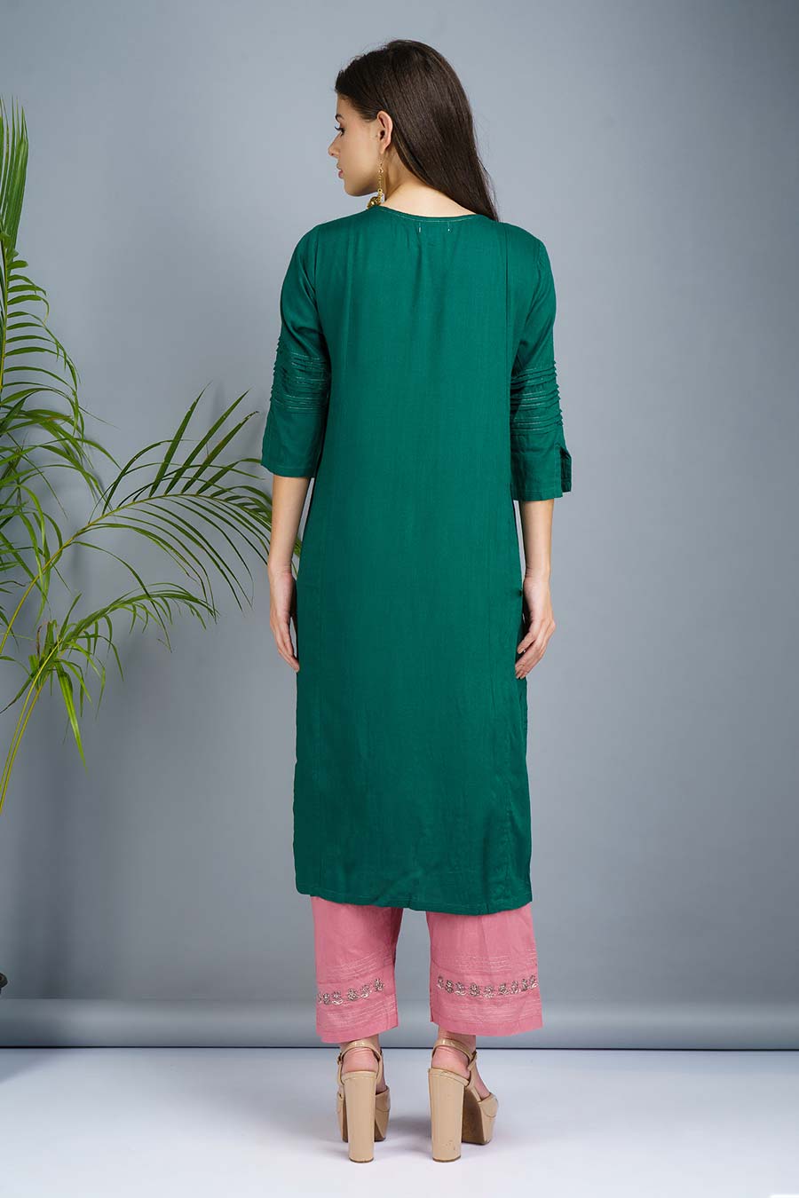 Green & Mauve Embroidered Kurta Set