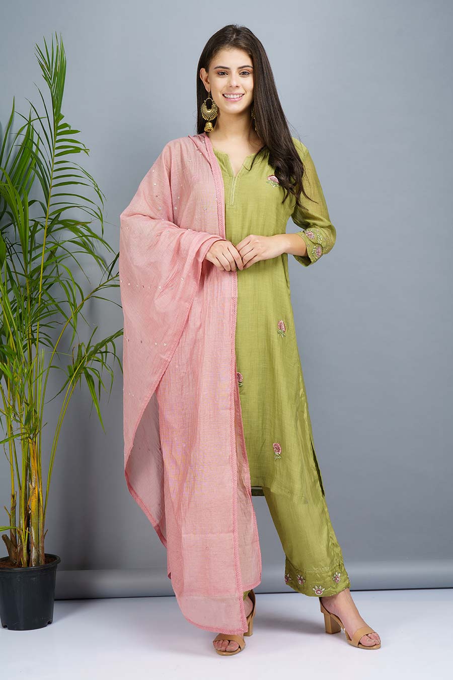 Green & Pink Embroidered Kurta Set