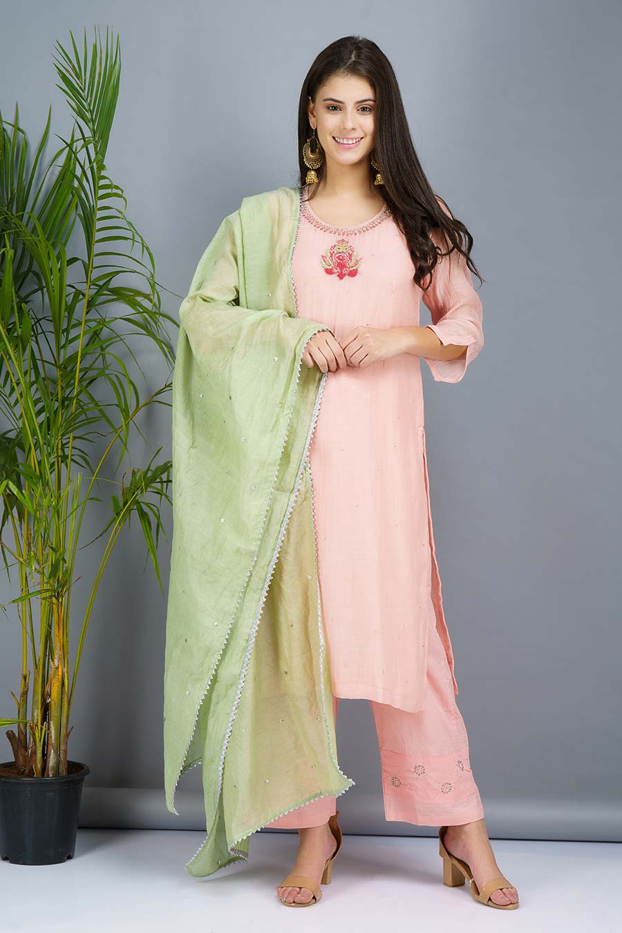 Peach & Green Embroidered Kurta Set