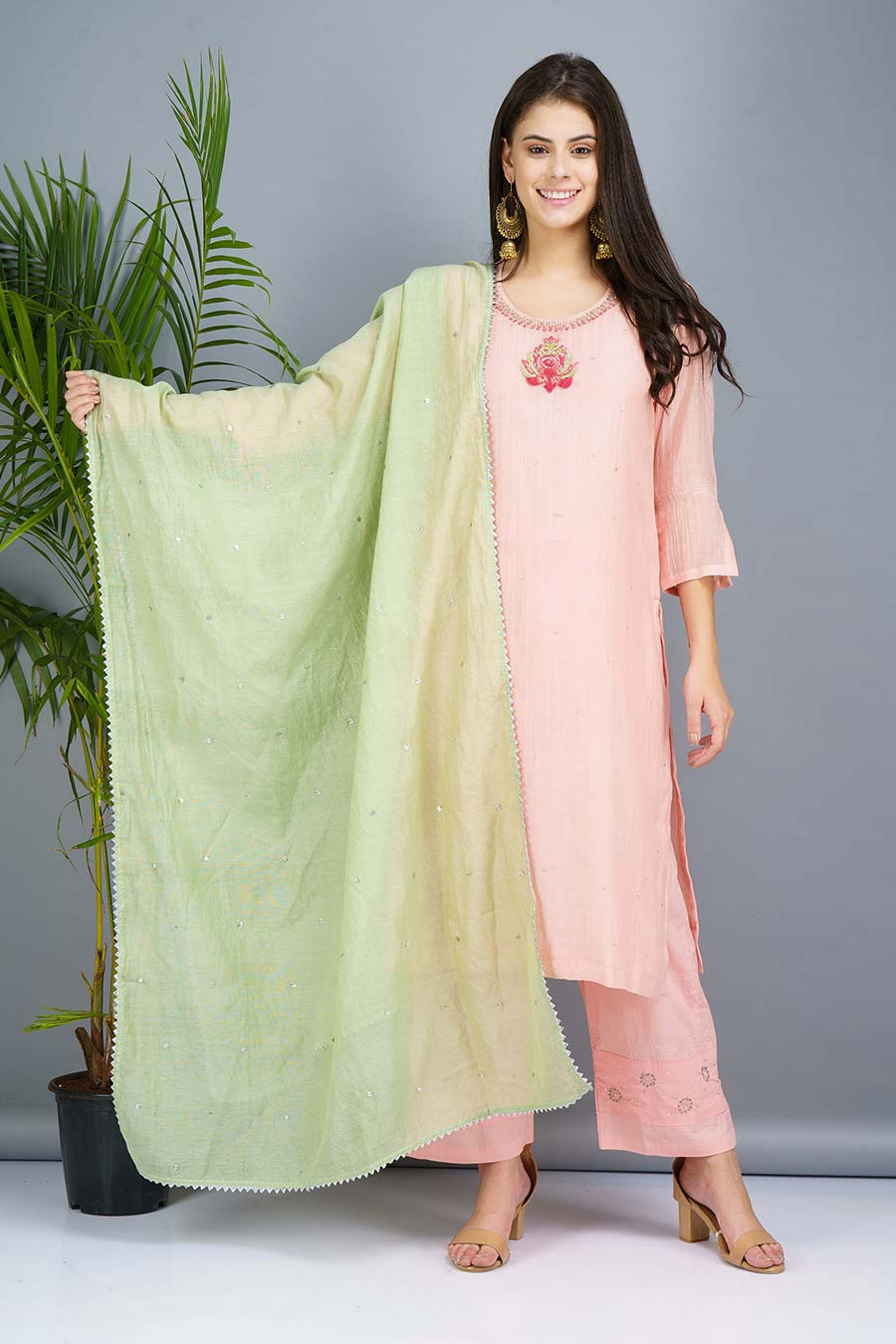 Peach & Green Embroidered Kurta Set