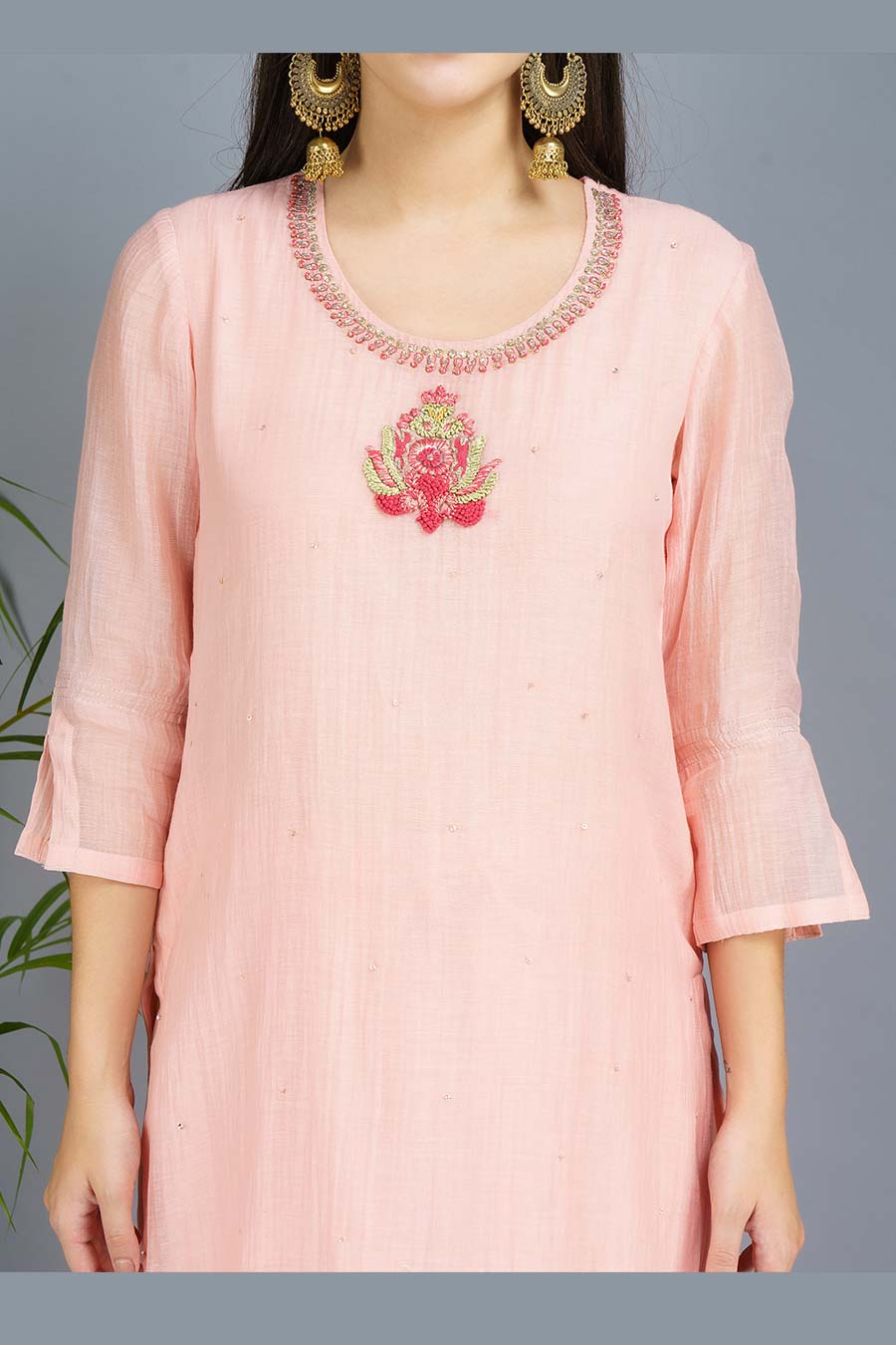 Peach & Green Embroidered Kurta Set