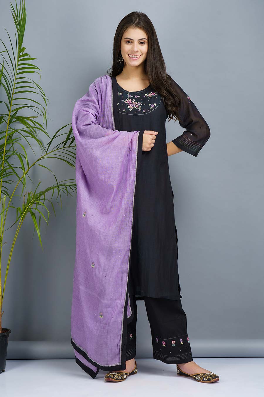 Black & Lavender Embroidered Kurta Set