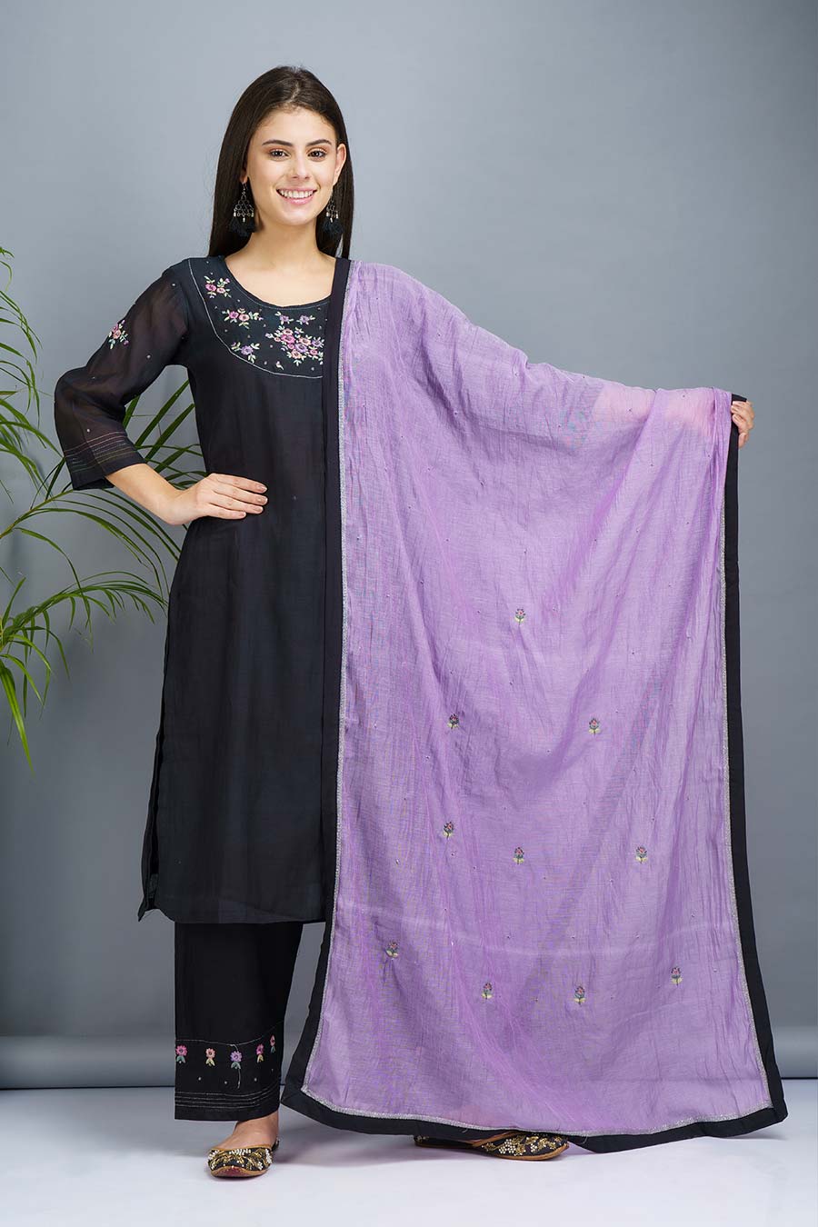 Black & Lavender Embroidered Kurta Set