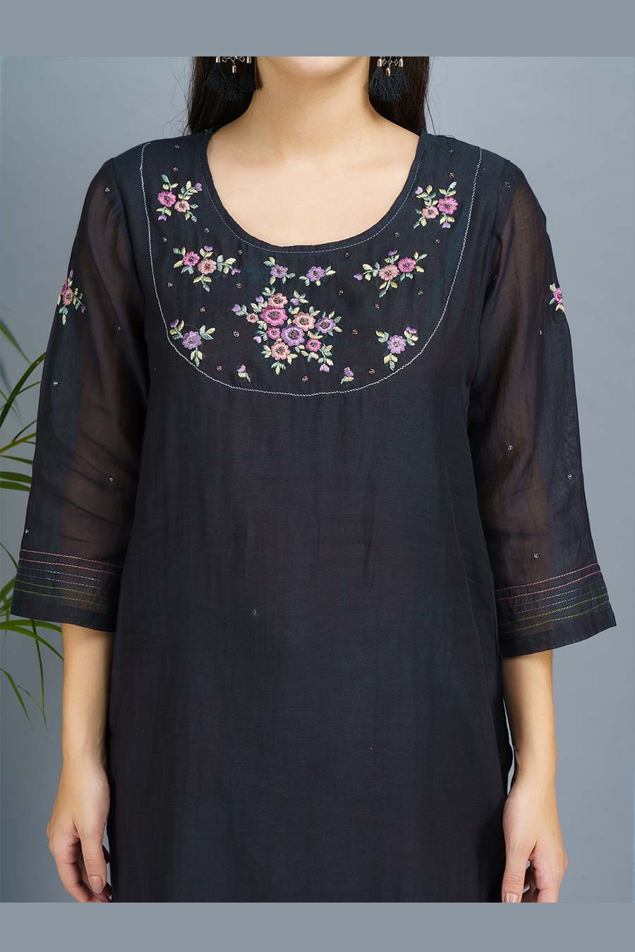 Black & Lavender Embroidered Kurta Set