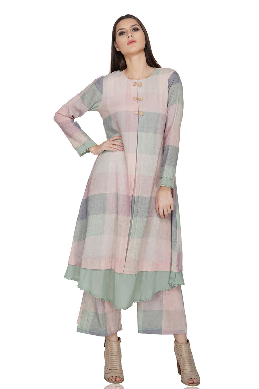 Green Checkered Long Cotton Kurta