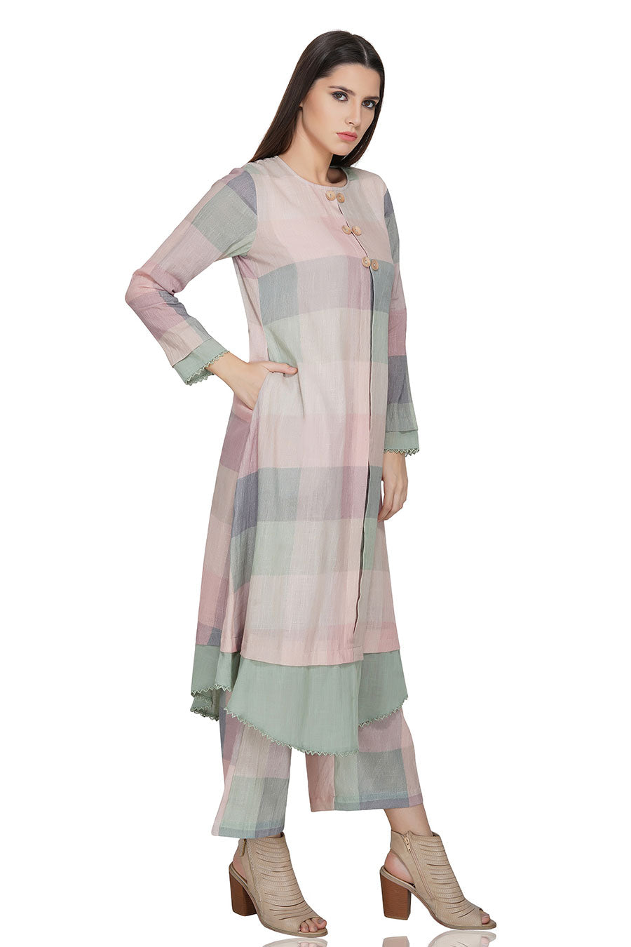 Green Checkered Long Cotton Kurta