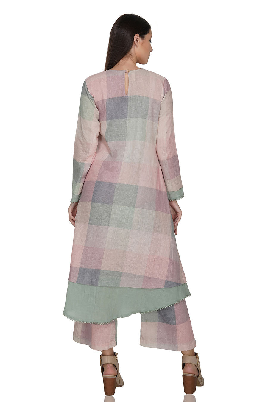 Green Checkered Long Cotton Kurta