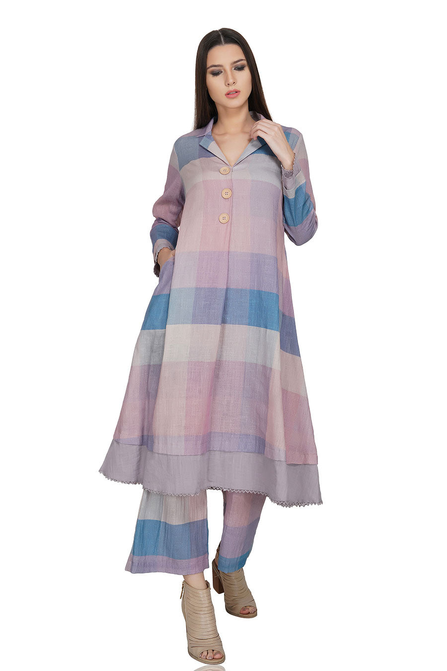 Purple Checkered Long Cotton Kurta
