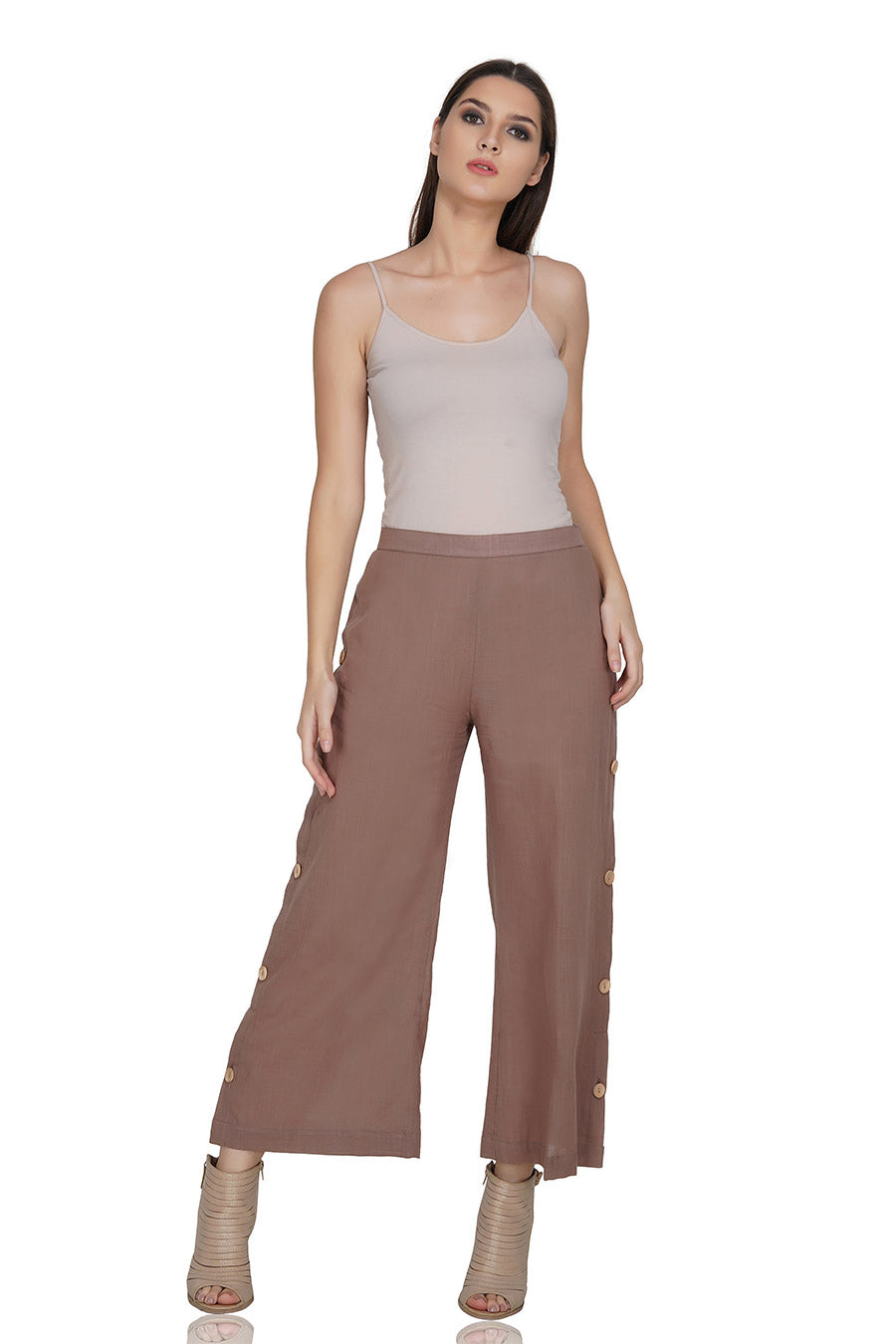 Brown Button Placket Cotton Pants