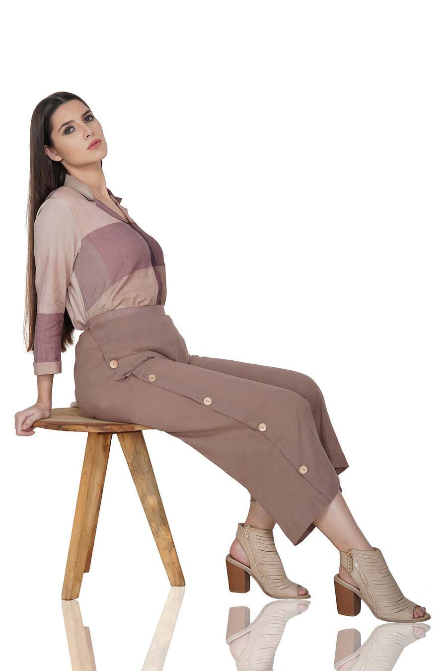 Brown Button Placket Cotton Pants