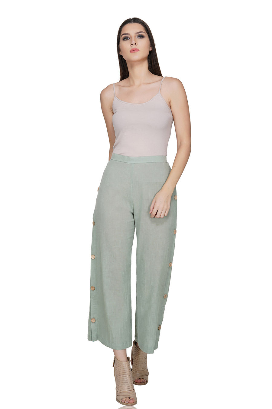 Green Button Placket Cotton Pants