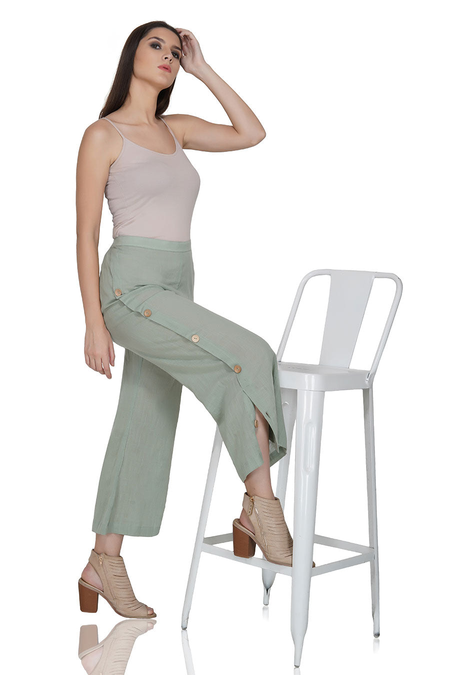 Green Button Placket Cotton Pants