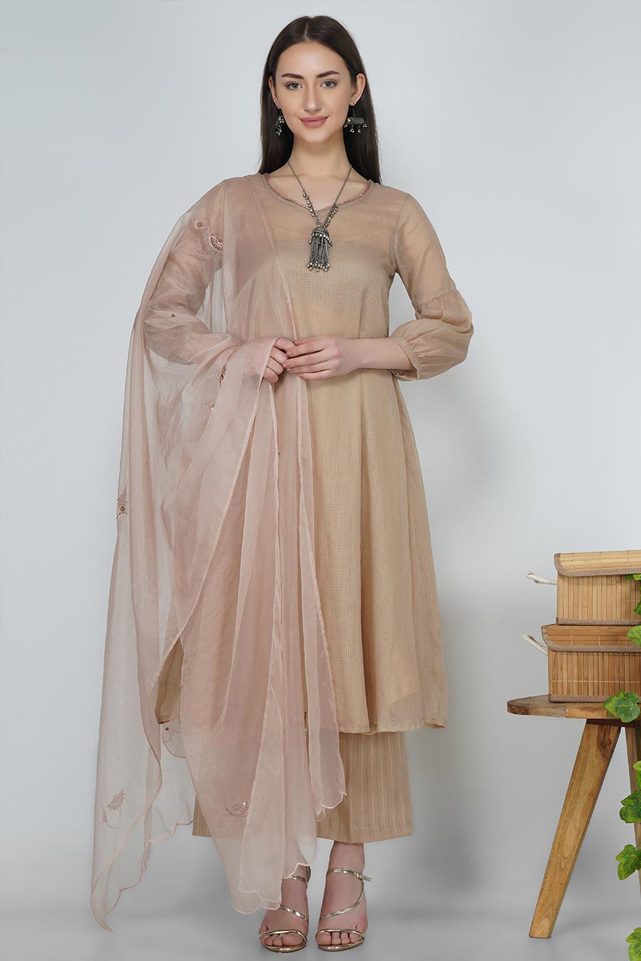 Champagne Organza Embroidered Dupatta