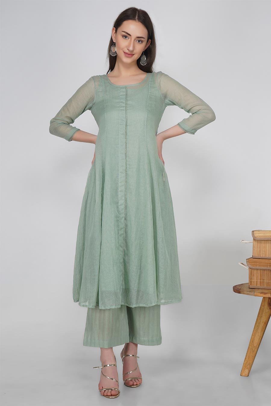 Rosemary Green Kurta & Pants Set With Slip