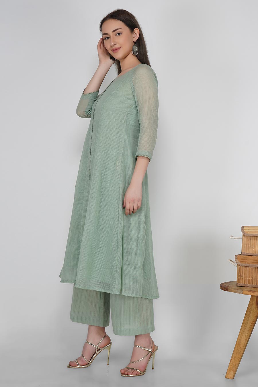 Rosemary Green Kurta & Pants Set With Slip