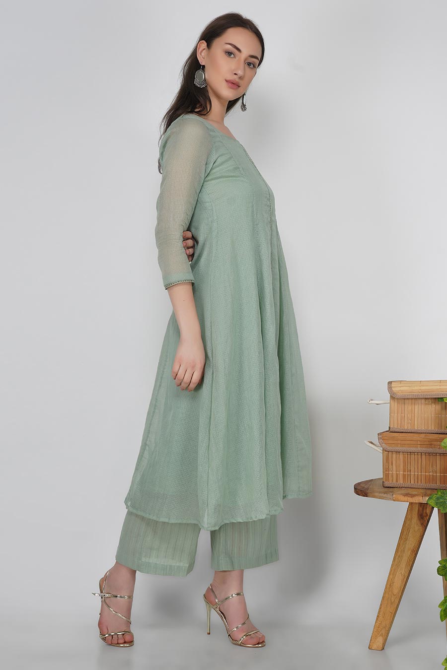 Rosemary Green Kurta & Pants Set With Slip