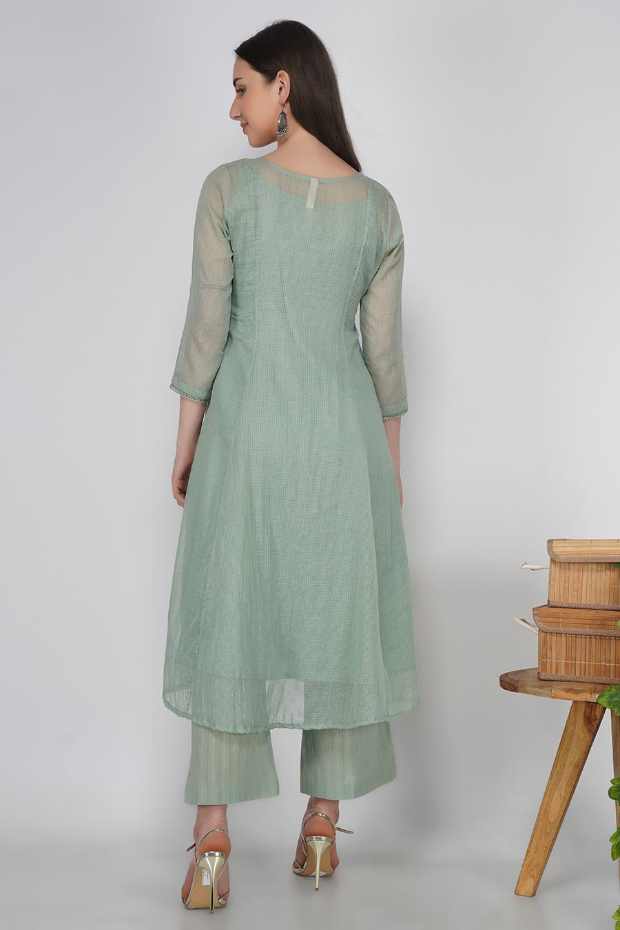 Rosemary Green Kurta & Pants Set With Slip