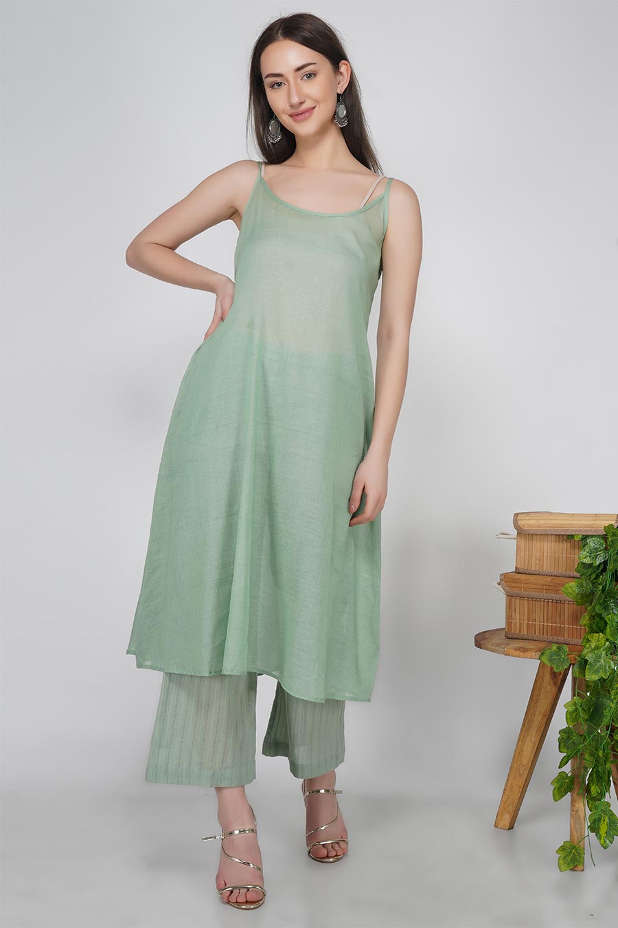 Rosemary Green Kurta & Pants Set With Slip