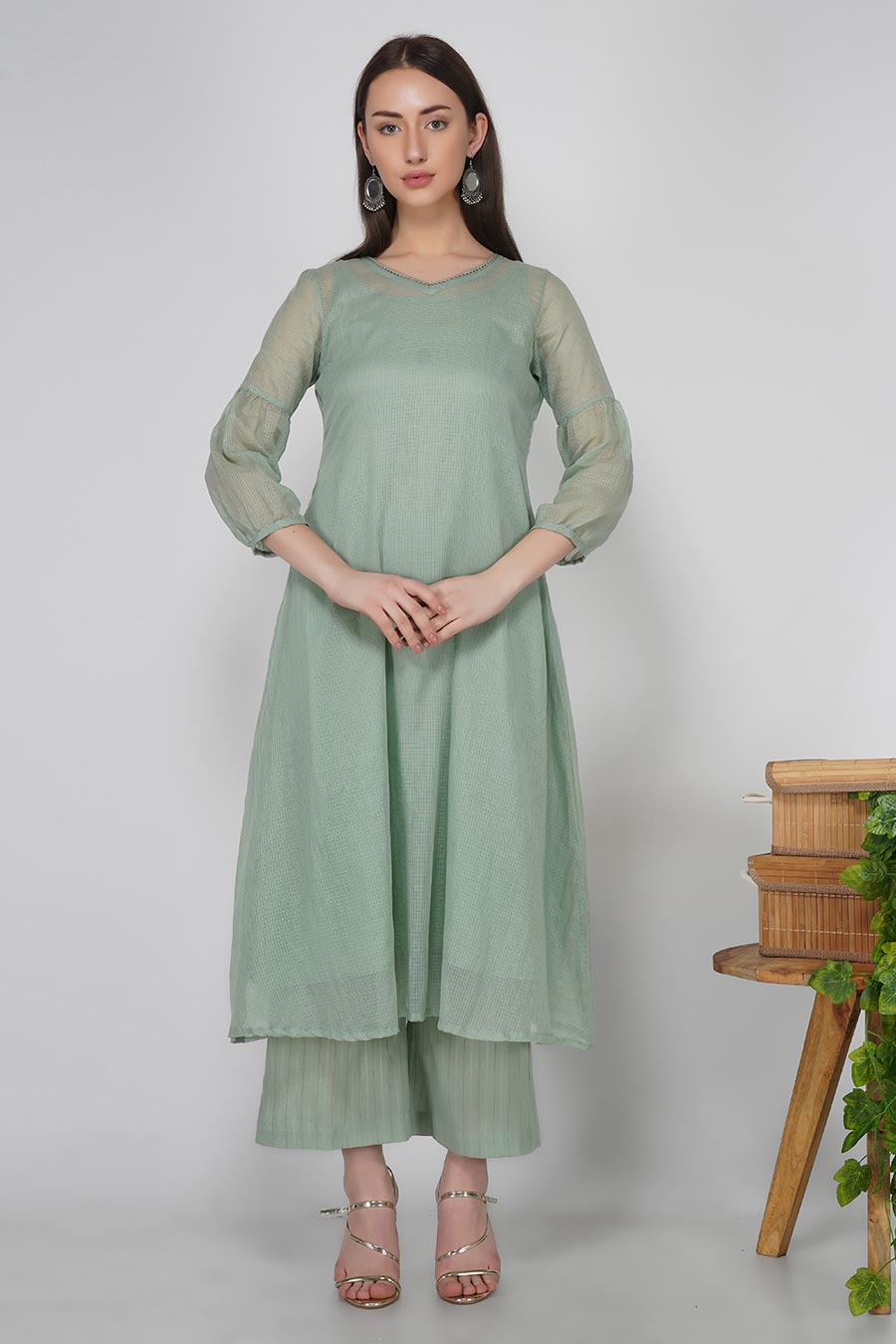 Rosemary Green Kurta & Pants Set With Slip