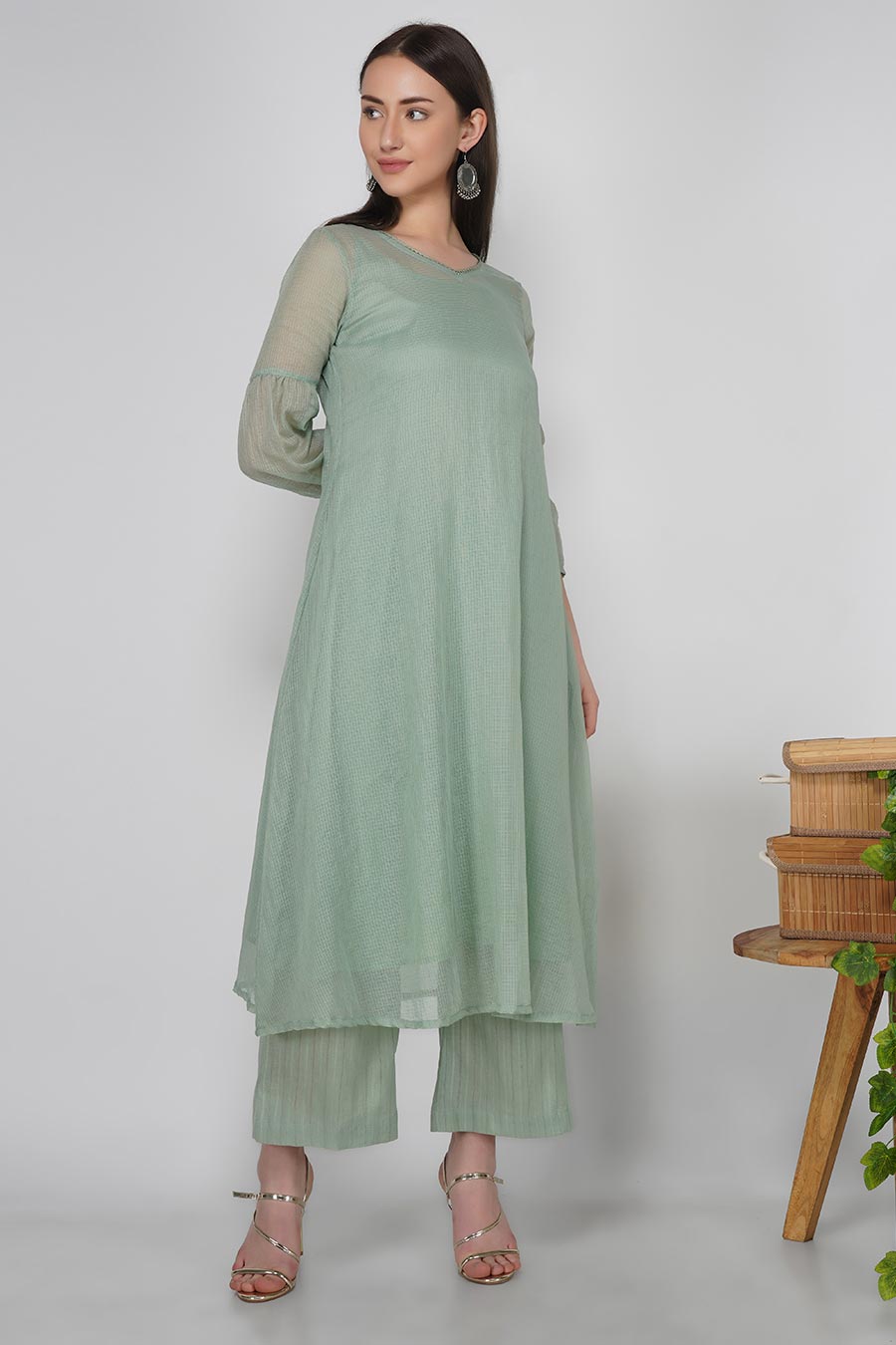 Rosemary Green Kurta & Pants Set With Slip