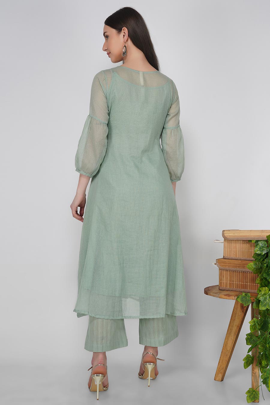 Rosemary Green Kurta & Pants Set With Slip