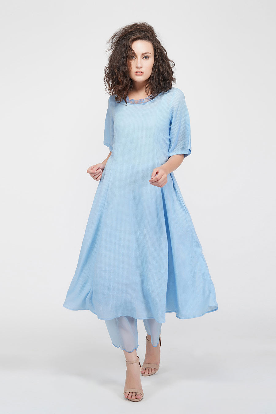 Blue Cotton Flared Kurta With Slip