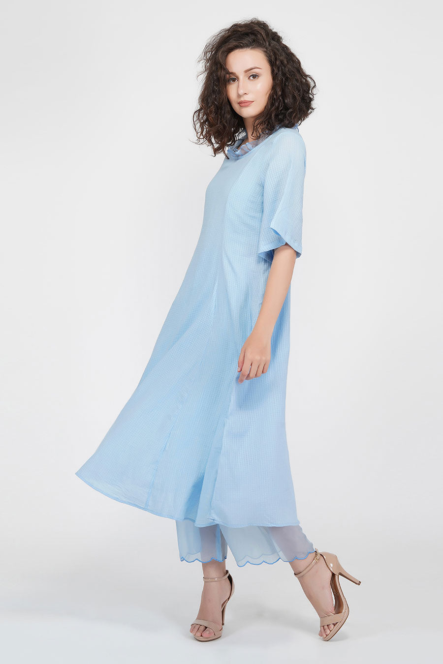 Blue Cotton Flared Kurta With Slip