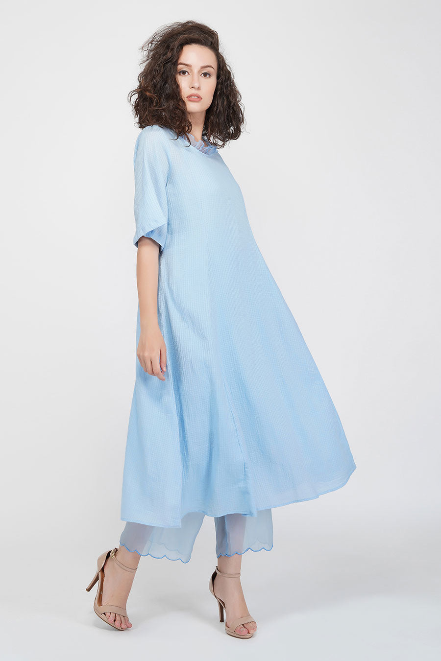 Blue Cotton Flared Kurta With Slip