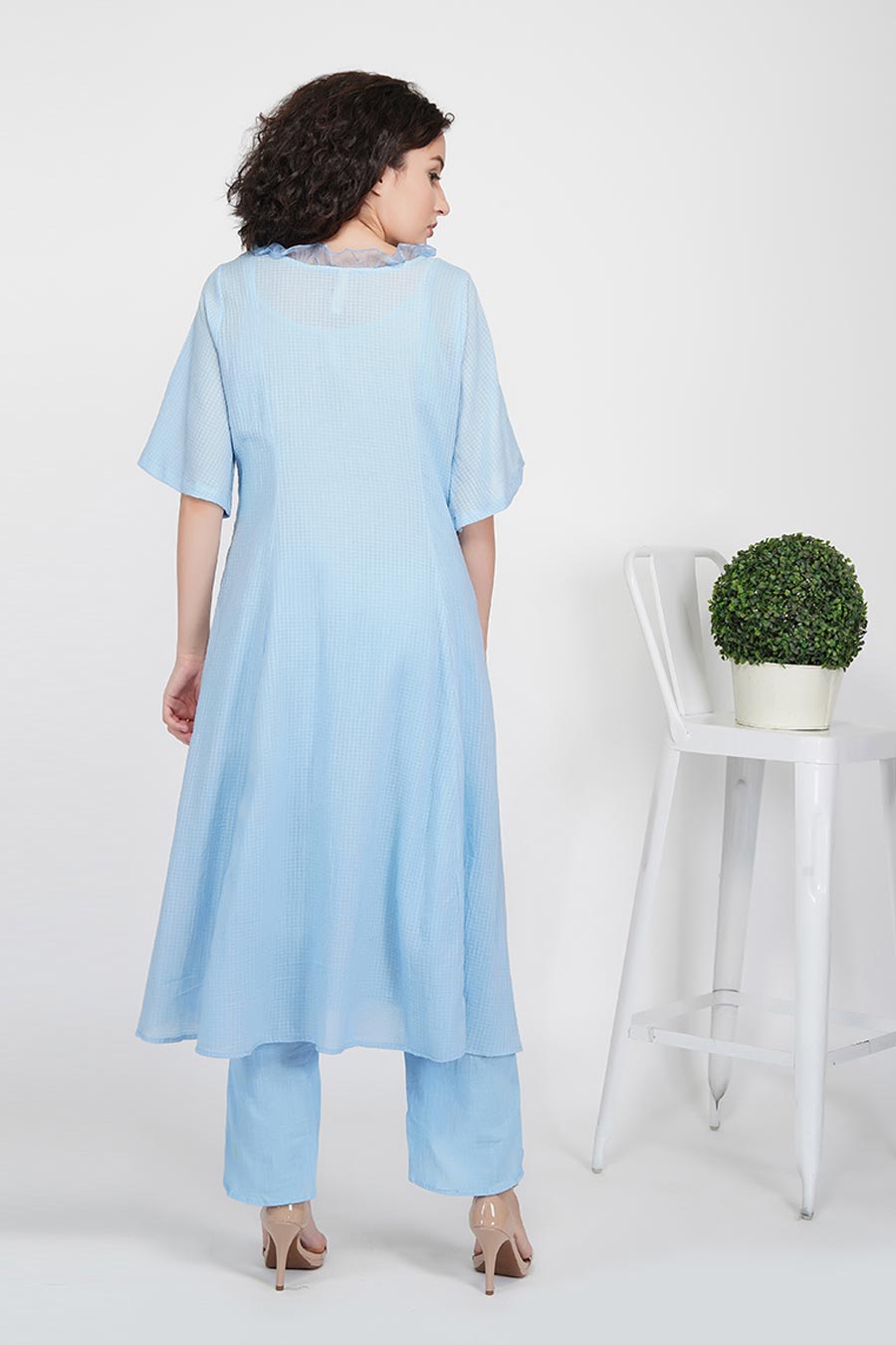Blue Cotton Flared Kurta With Slip