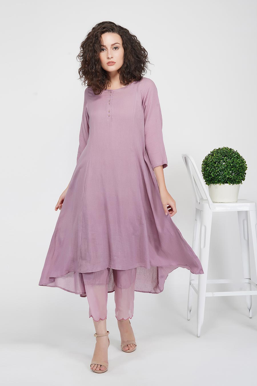 Mauve High-Low Kurta With Slip