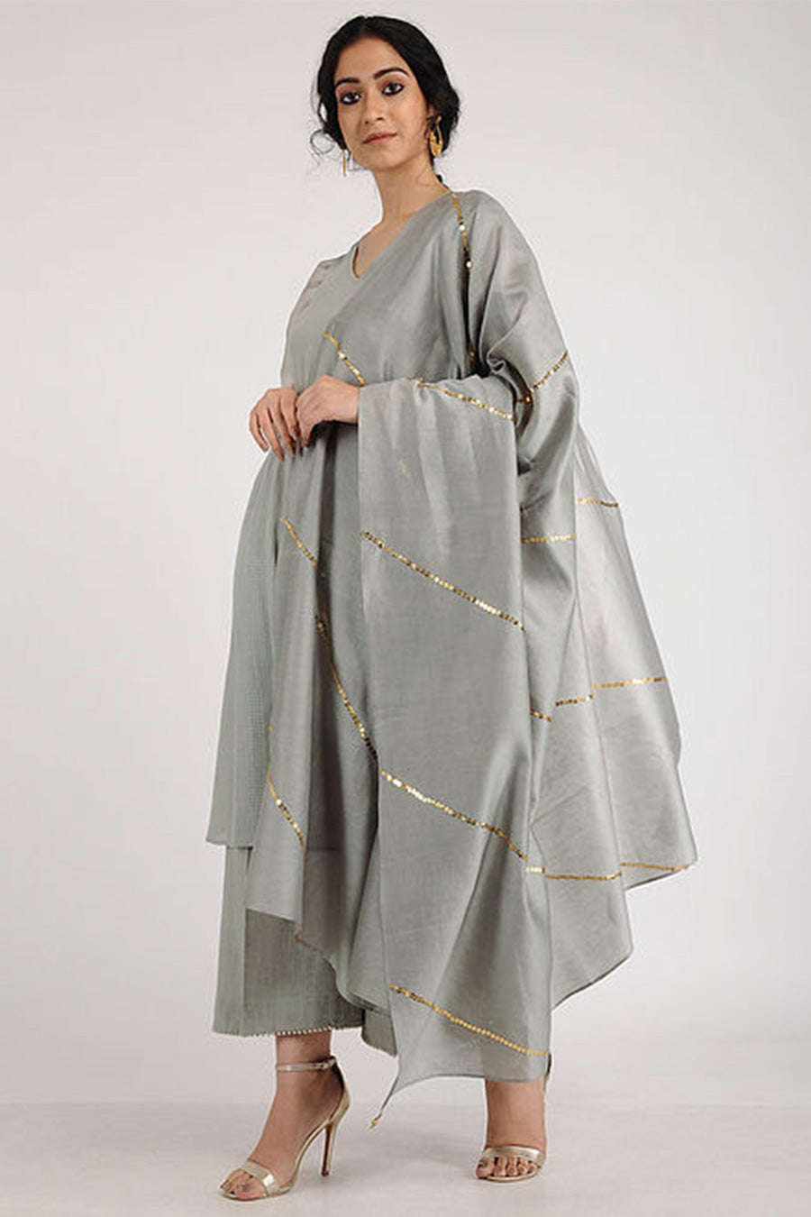 Grey Embroidered Chanderi Silk Duapatta