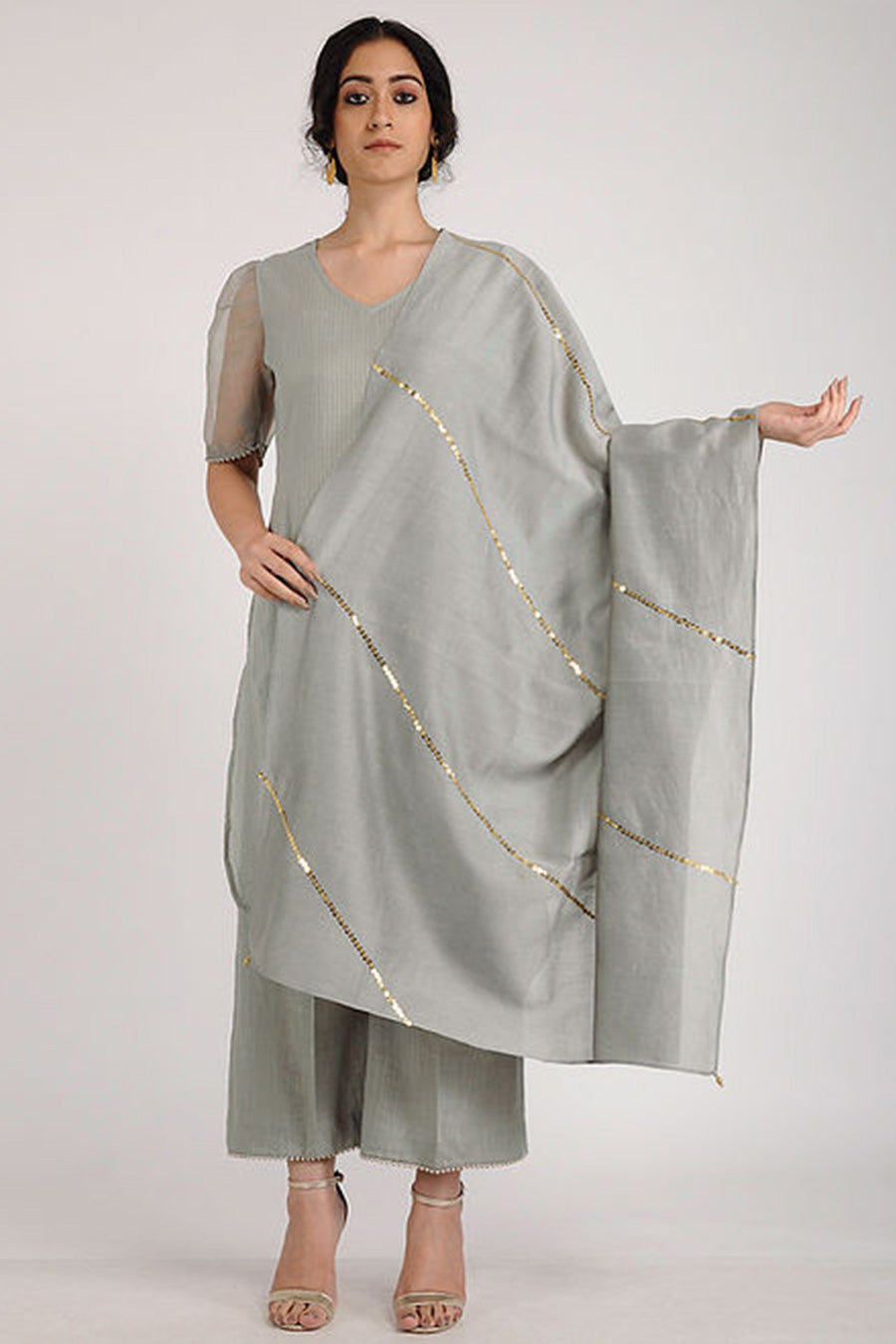 Grey Embroidered Chanderi Silk Duapatta