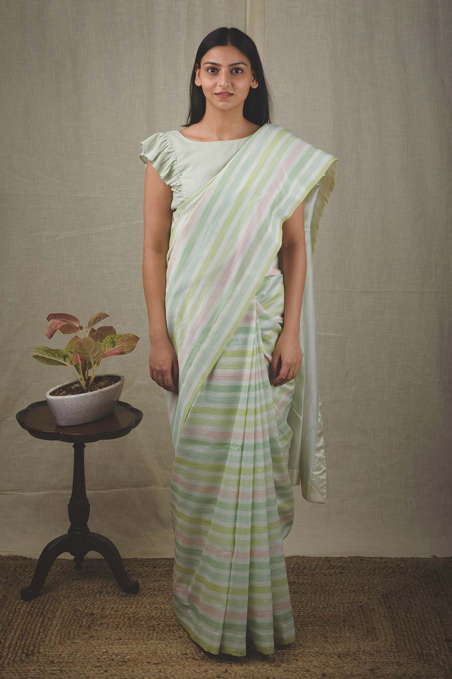 Green Chanderi Silk Striped Saree