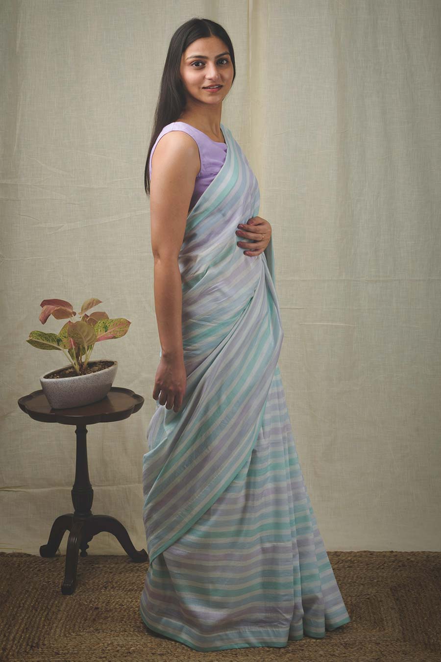 Blue Chanderi Silk Striped Saree