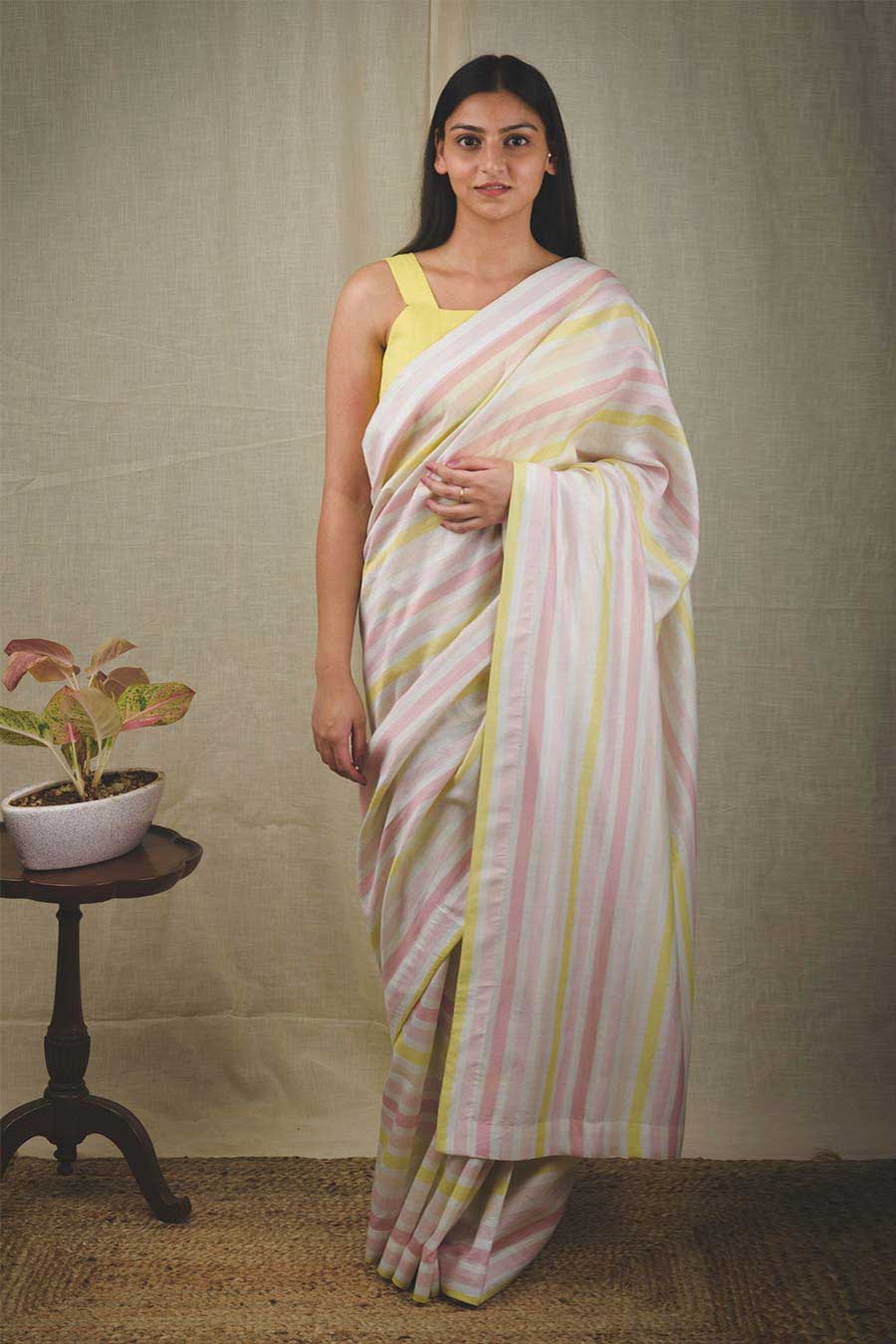 Yellow Chanderi Silk Striped Saree