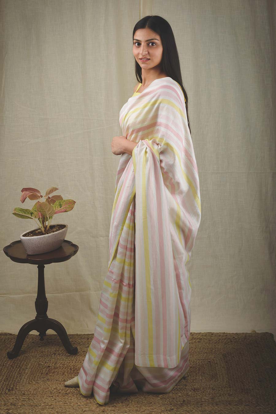 Yellow Chanderi Silk Striped Saree